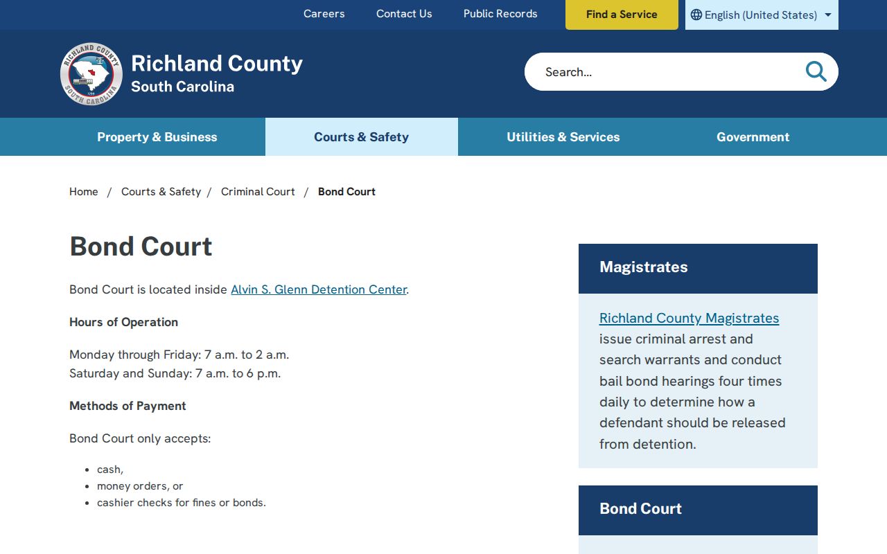 Richland County bench warrant bond court location and payment details