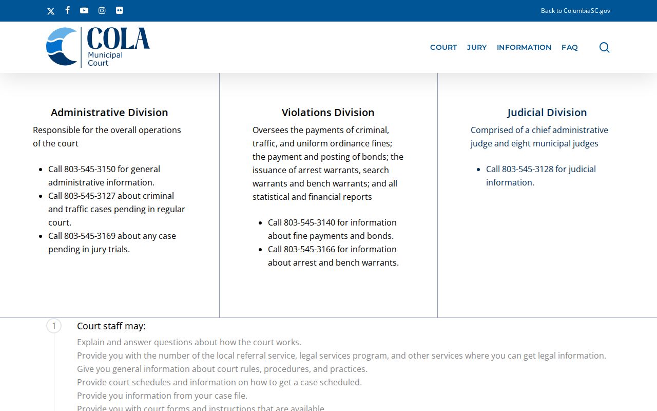Columbia warrant records contact lines for Municipal Court