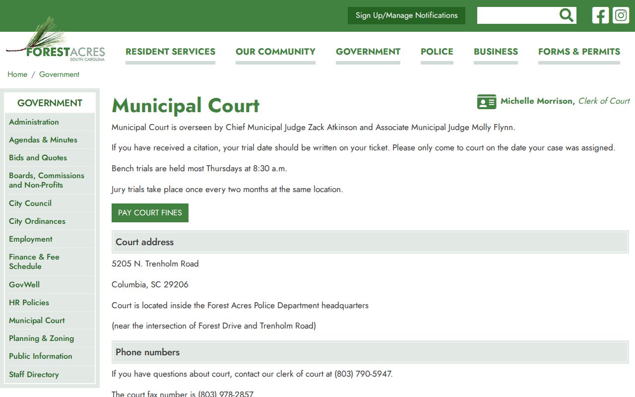 Forest Acres warrant records municipal court payment methods